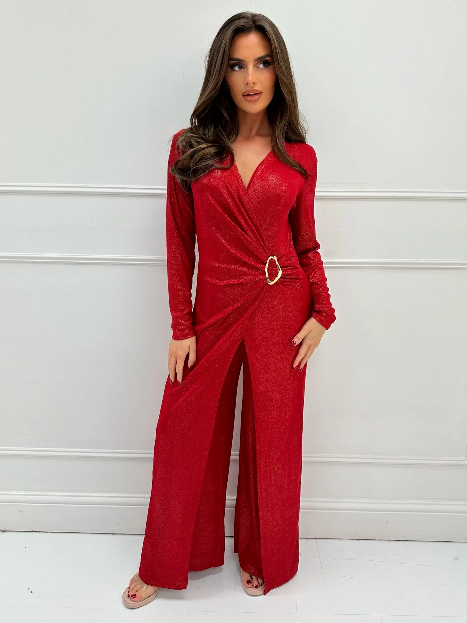 Maggie red shimmer buckle jumpsuit