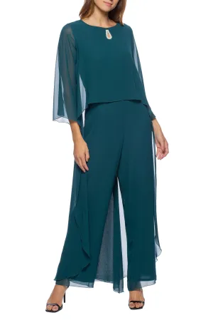 Marina embellished keyhole front boat neck 3/4 sleeve popover zipper back chiffon jumpsuit