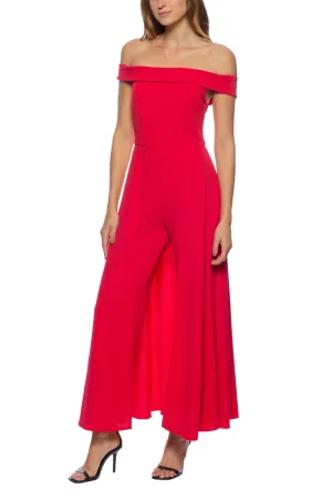 Marina Off Shoulder Zipper Back Solid Walk Through Crepe Jumpsuit