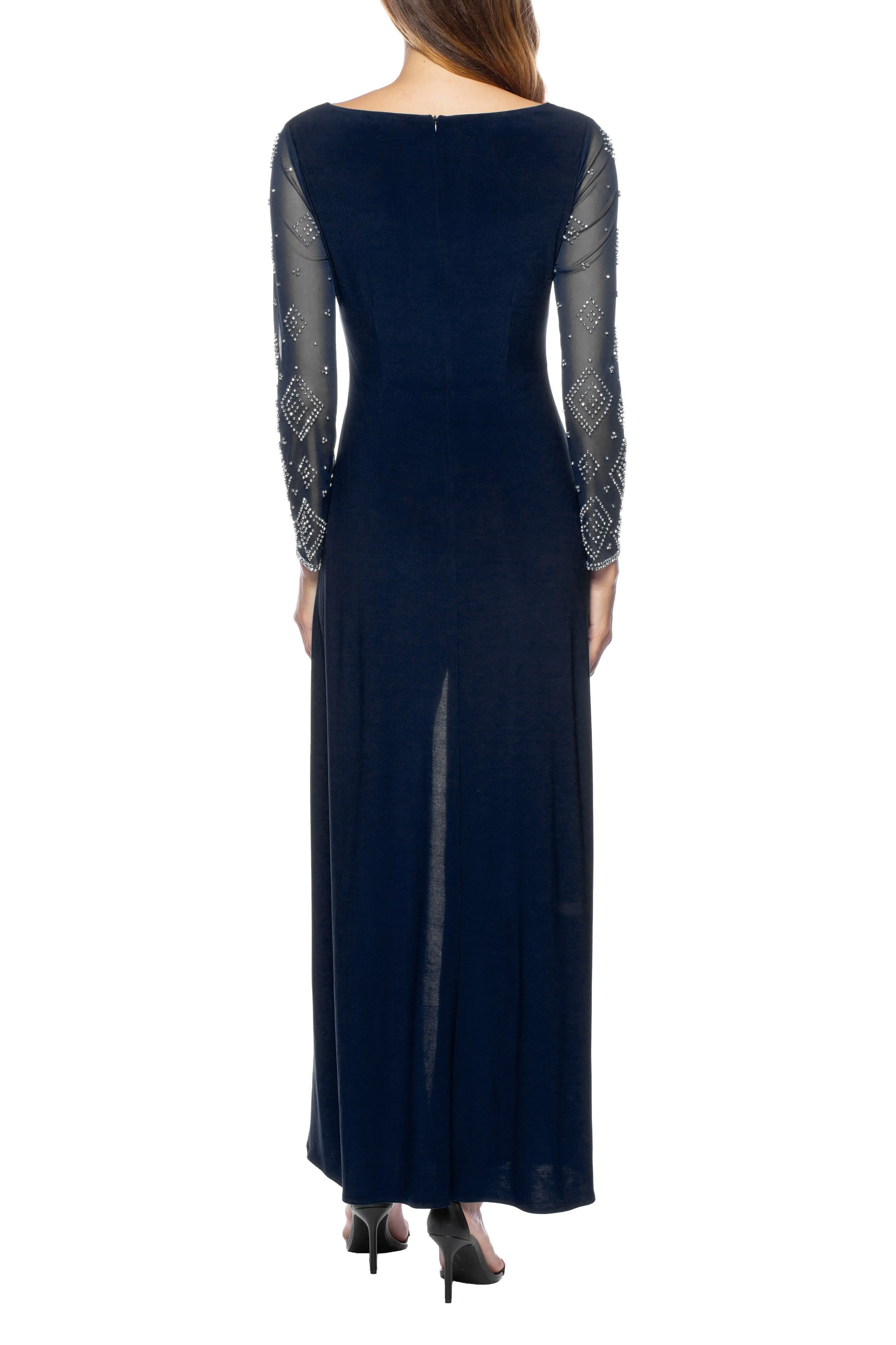 Marina V Neck Long Beaded Sleeves Back Zipper Knot Twist Jersey Jumpsuit