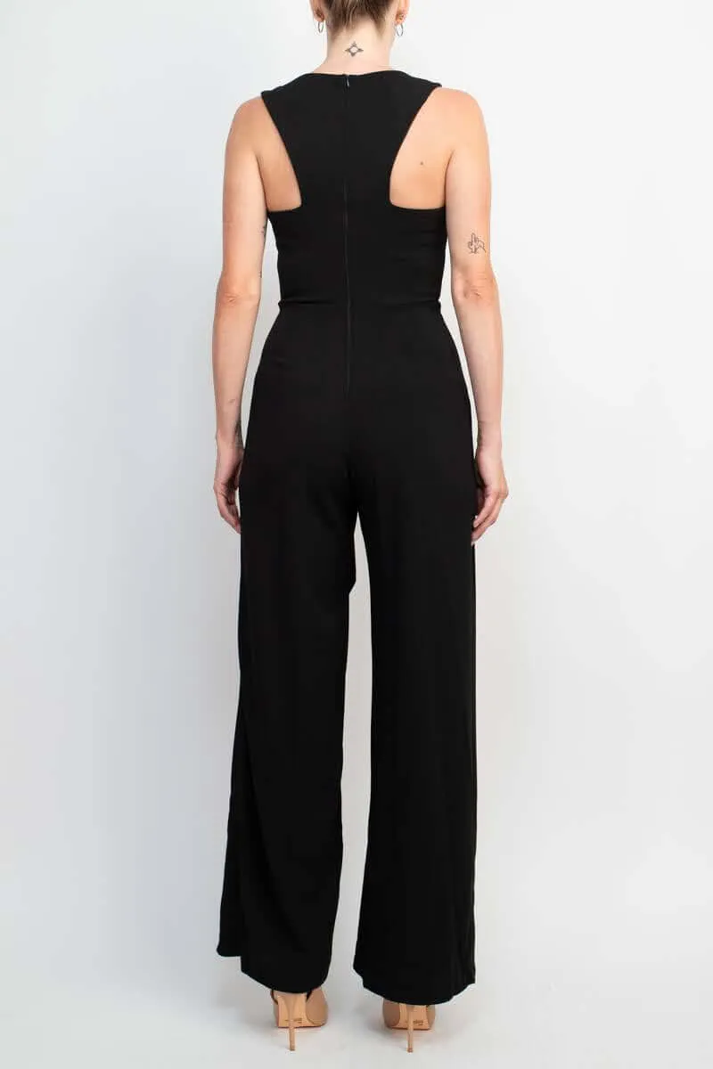 Marina V-Neck Sleeveless Zipper Back Racer Back Ruffled Hem Crepe Jumpsuit