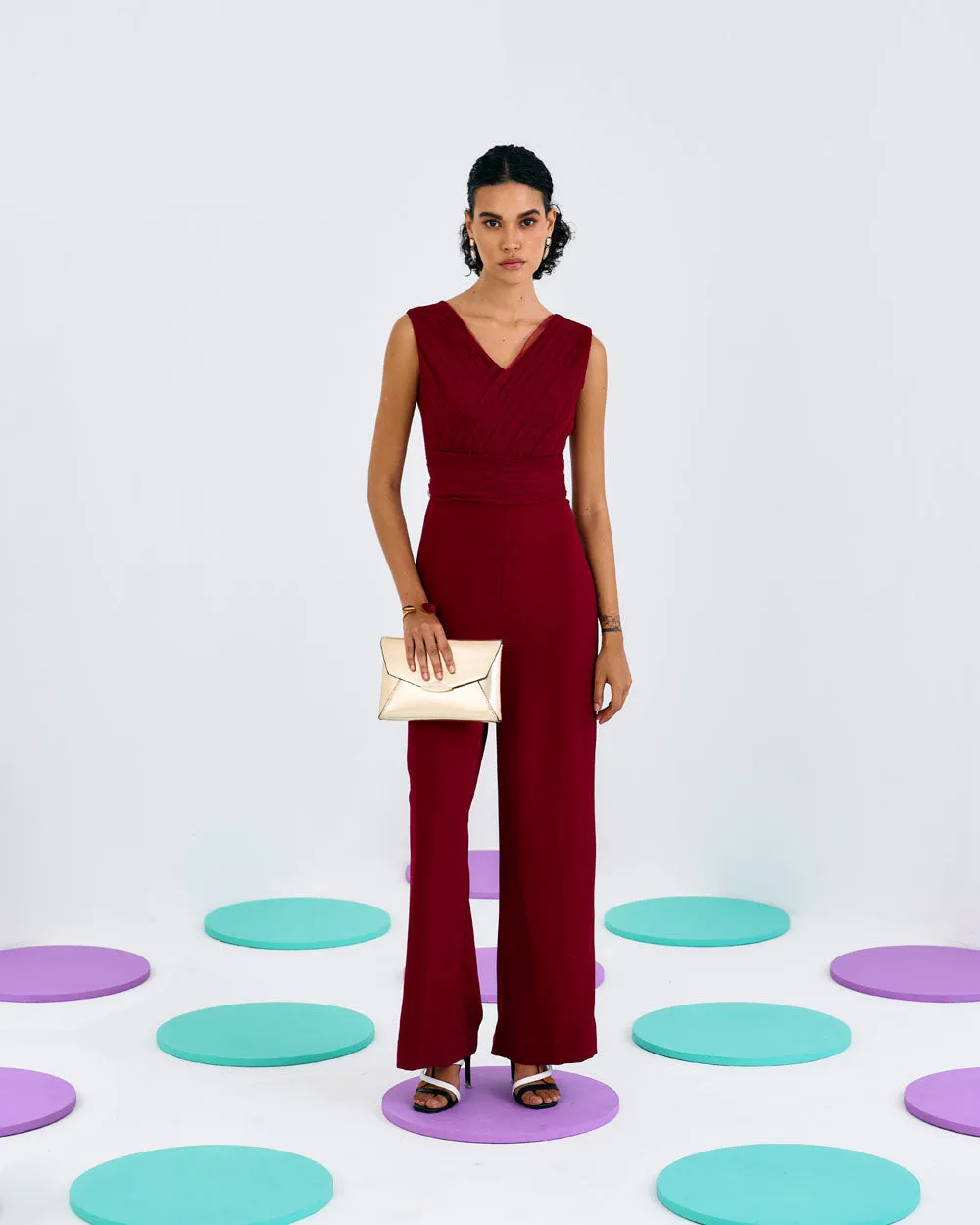 Maroon Pleated Softnet & Crepe Jumpsuit