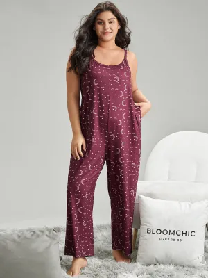 Moon & Star Print Pocket Cami Sleep Jumpsuit