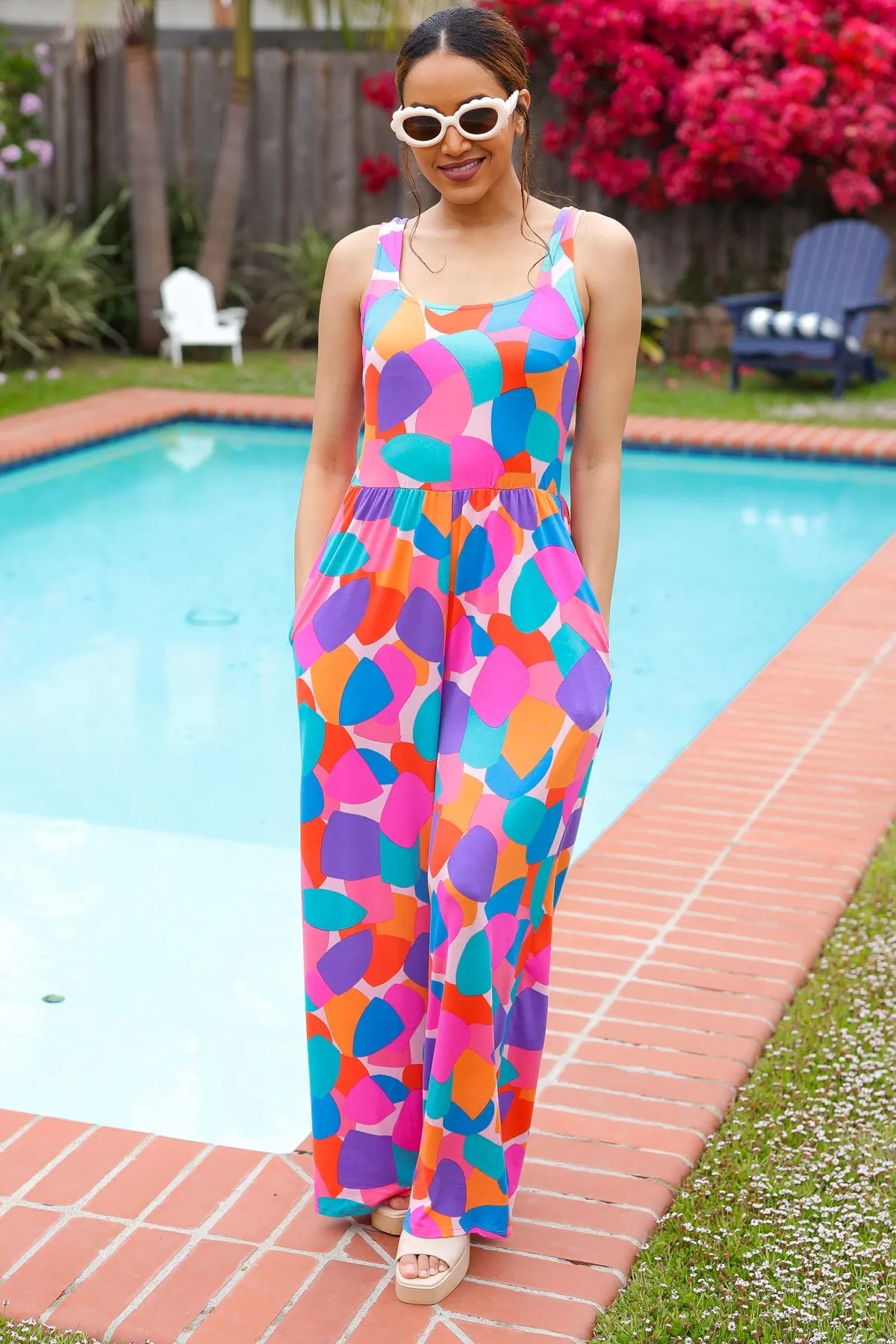 Multicolor Abstract Sleeveless Wide Leg Jumpsuit