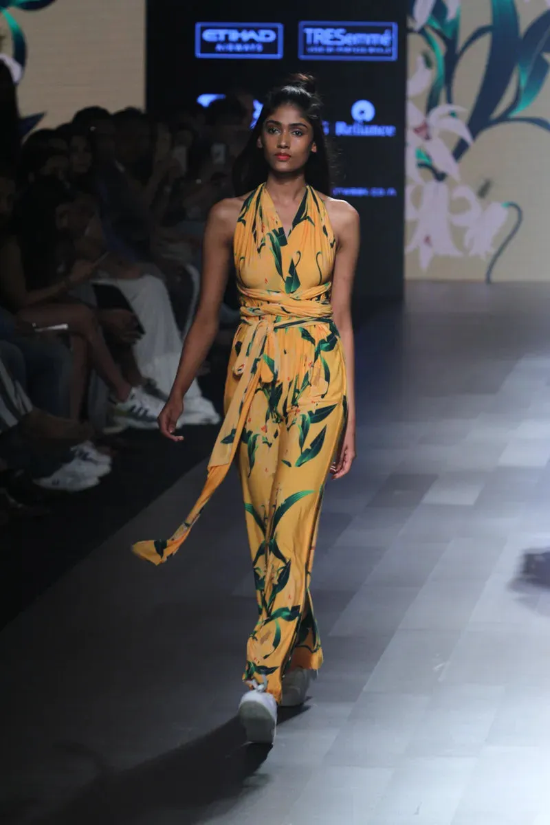 Mustard Lily Print Cross Back Jumpsuit