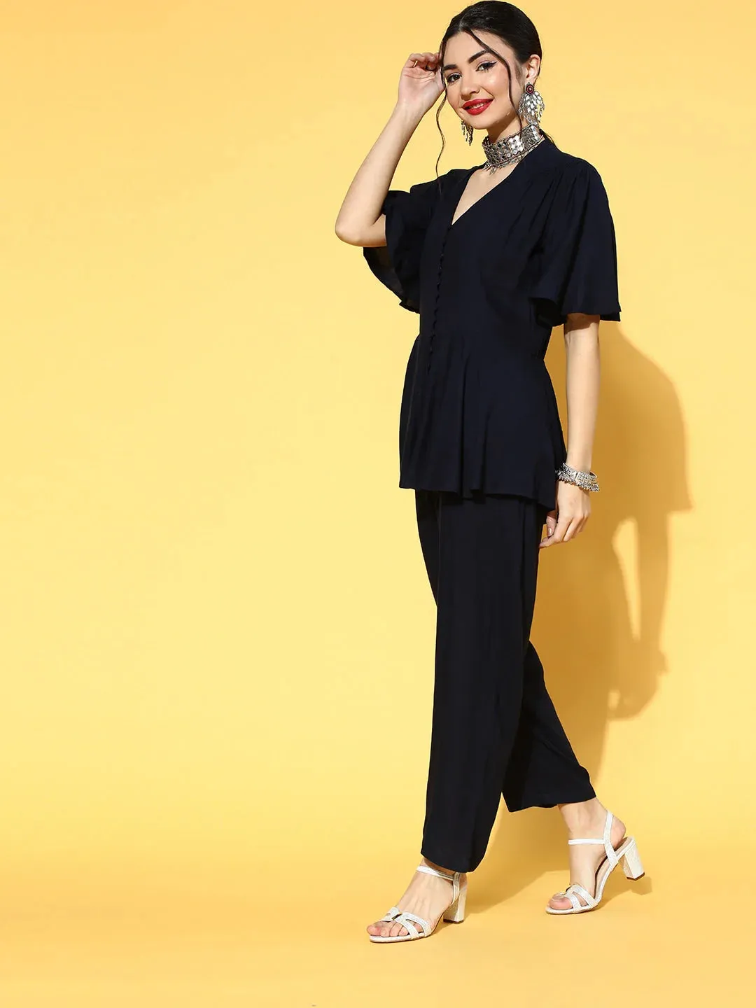 Navy Blue Cotton Solid Jumpsuit