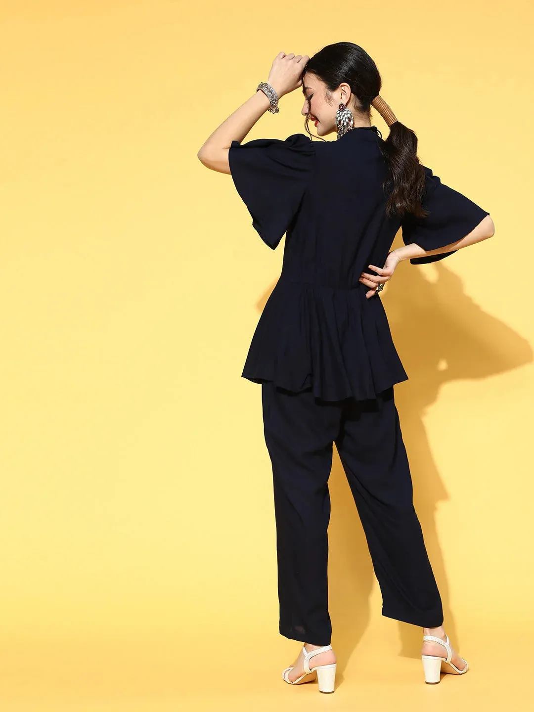 Navy Blue Cotton Solid Jumpsuit