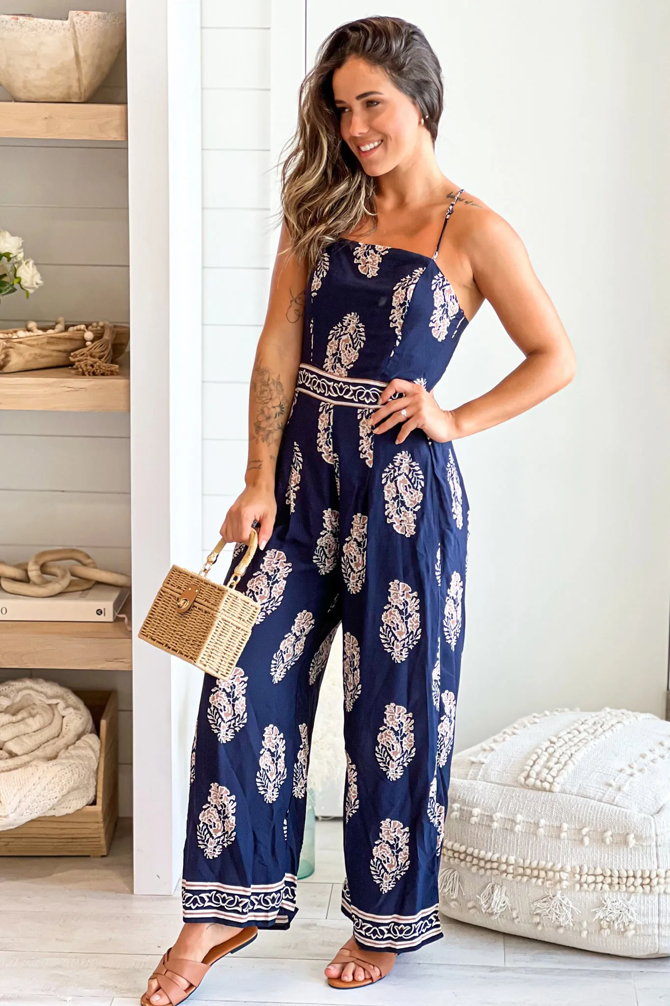 Navy Printed Jumpsuit With Tie Back