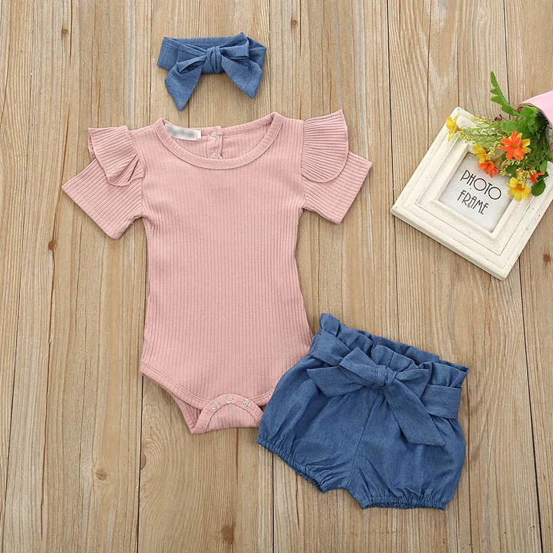 Newborn Baby Girls Outfits Clothes Cotton Solid Romper Jumpsuit   Denim Shorts Headband Sweet Set  New 2023