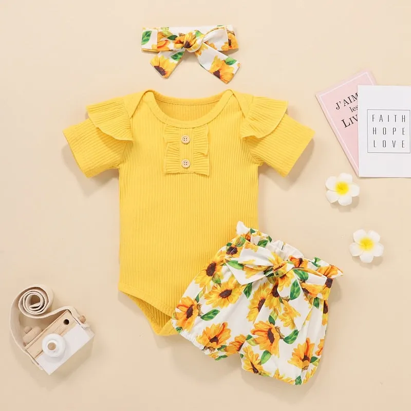 Newborn Baby Girls Outfits Clothes Cotton Solid Romper Jumpsuit   Denim Shorts Headband Sweet Set  New 2023