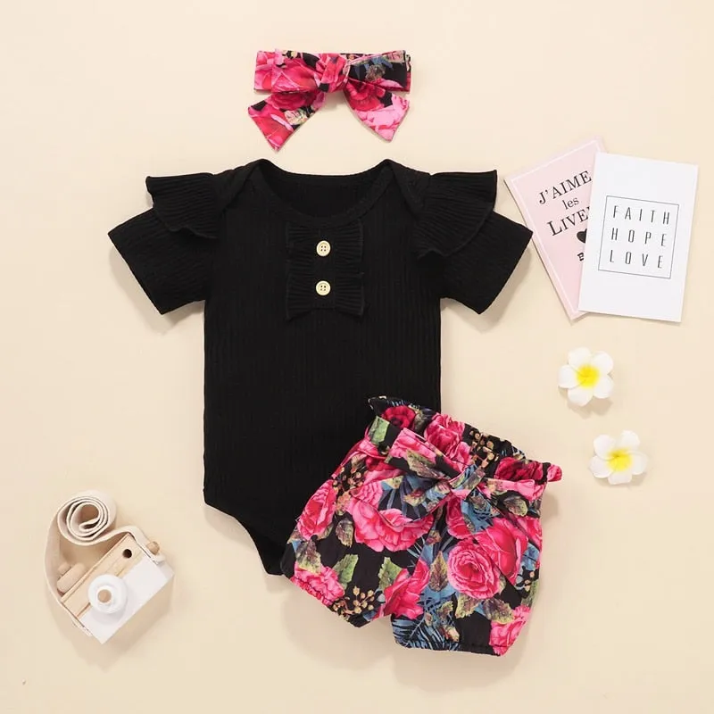 Newborn Baby Girls Outfits Clothes Cotton Solid Romper Jumpsuit   Denim Shorts Headband Sweet Set  New 2023