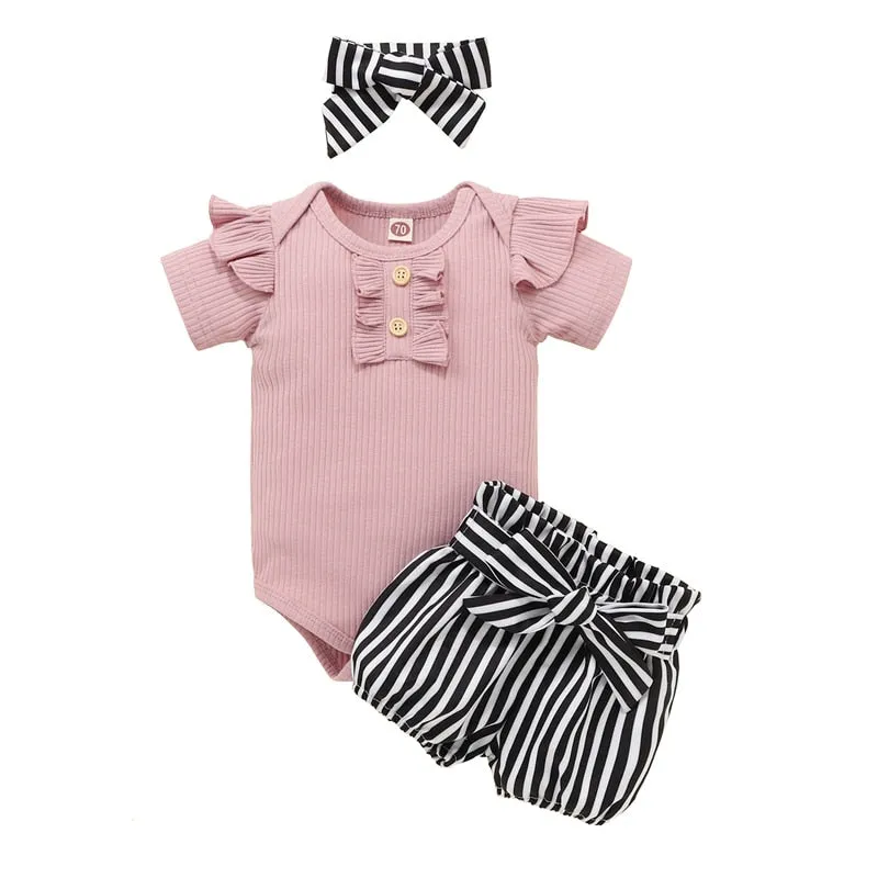 Newborn Baby Girls Outfits Clothes Cotton Solid Romper Jumpsuit   Denim Shorts Headband Sweet Set  New 2023