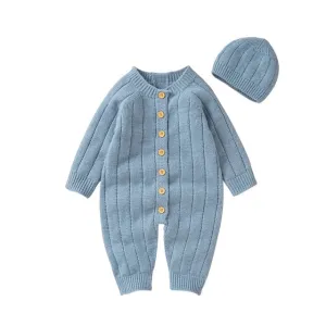 Newborn Baby Knit Romper Newborn Long Sleeve Jumpsuit   Hat , Color - Blue