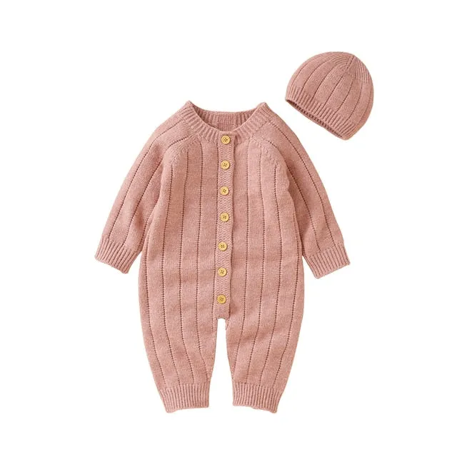 Newborn Baby Knit Romper Newborn Long Sleeve Jumpsuit   Hat