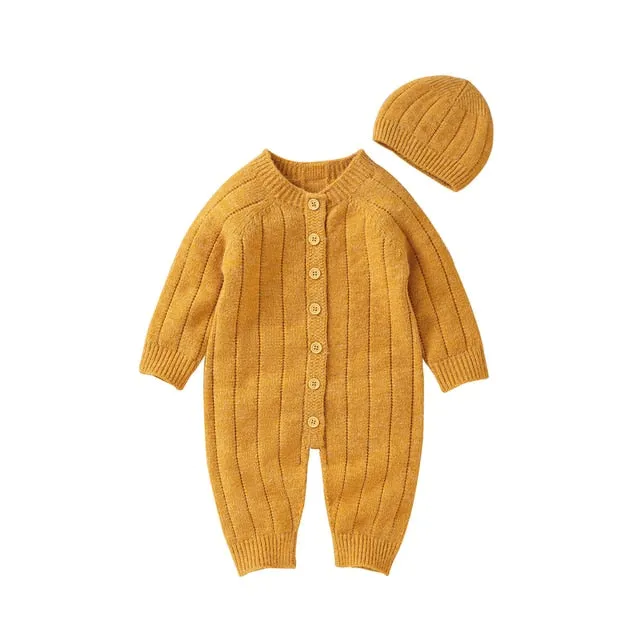 Newborn Baby Knit Romper Newborn Long Sleeve Jumpsuit   Hat