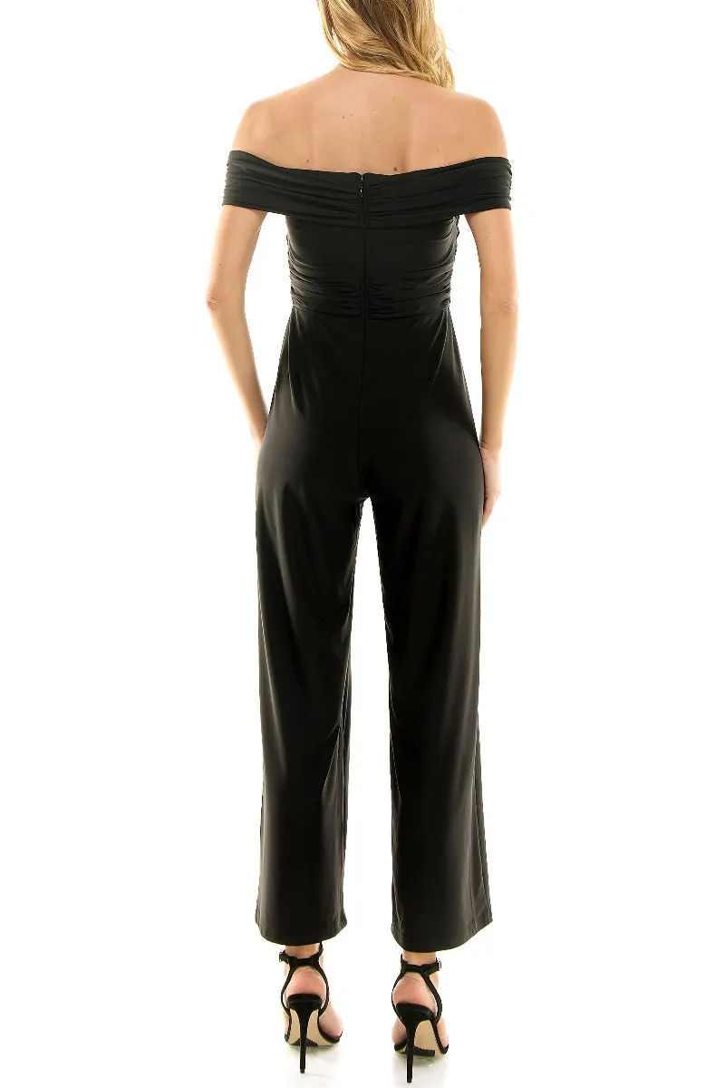 Nicole Miller Off Shoulder Ruched Front Zipper Back Solid Scuba Jumpsuit