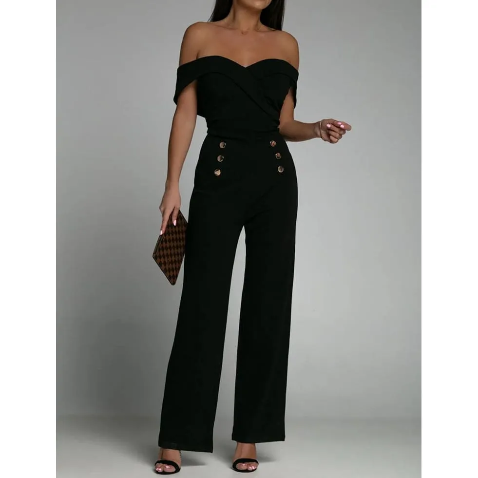 Off Shoulder Sweetheart Collar Front Button Pattern Jumpsuit