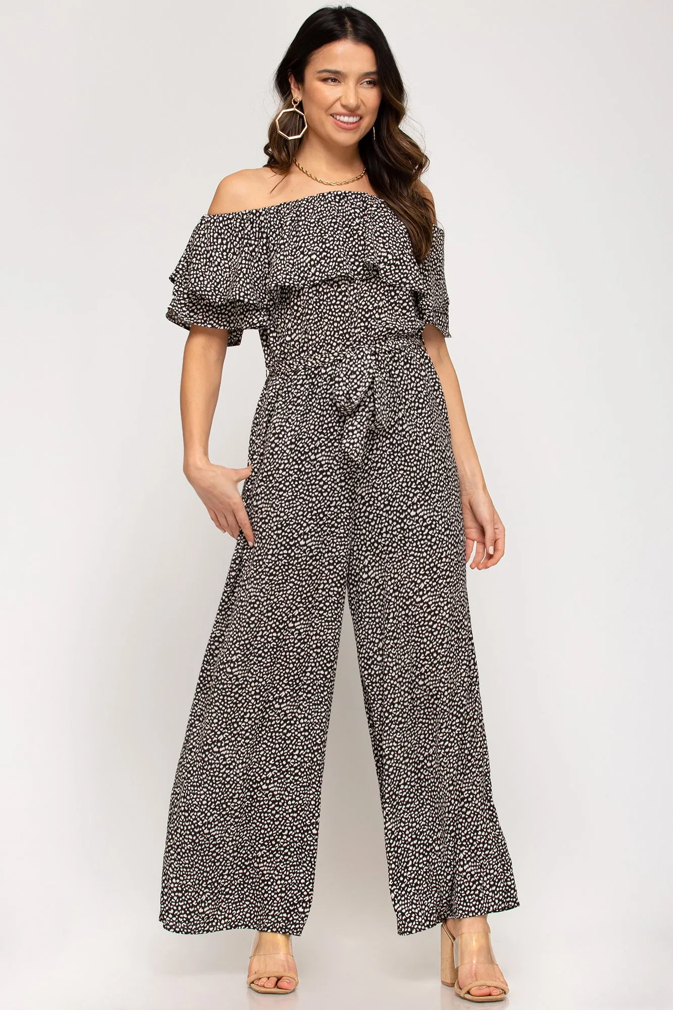 Off-the-shoulder ruffled woven printed jumpsuit with waist sash and lining