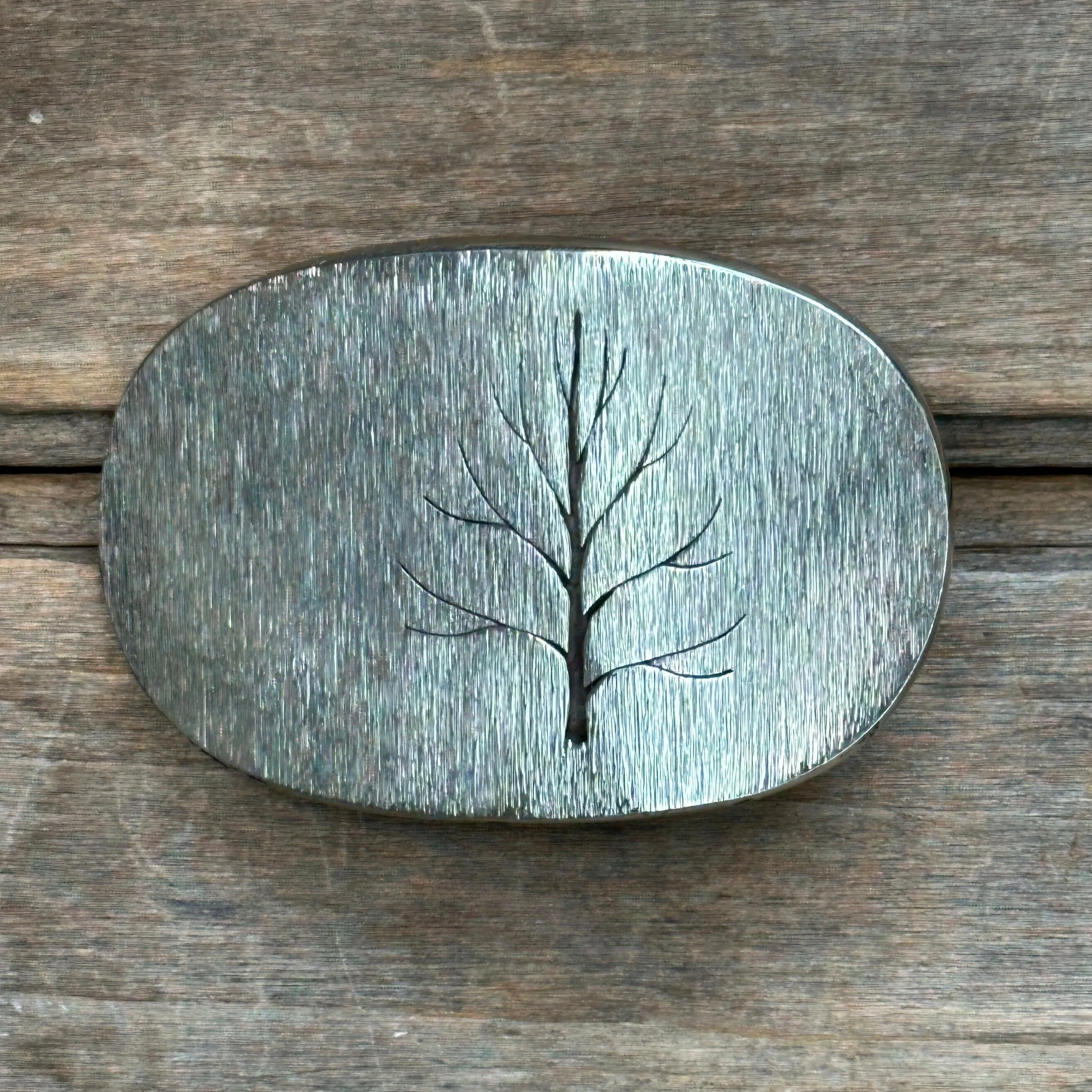 Oval Nickel Silver "Tree" David M. Bowman Belt Buckle