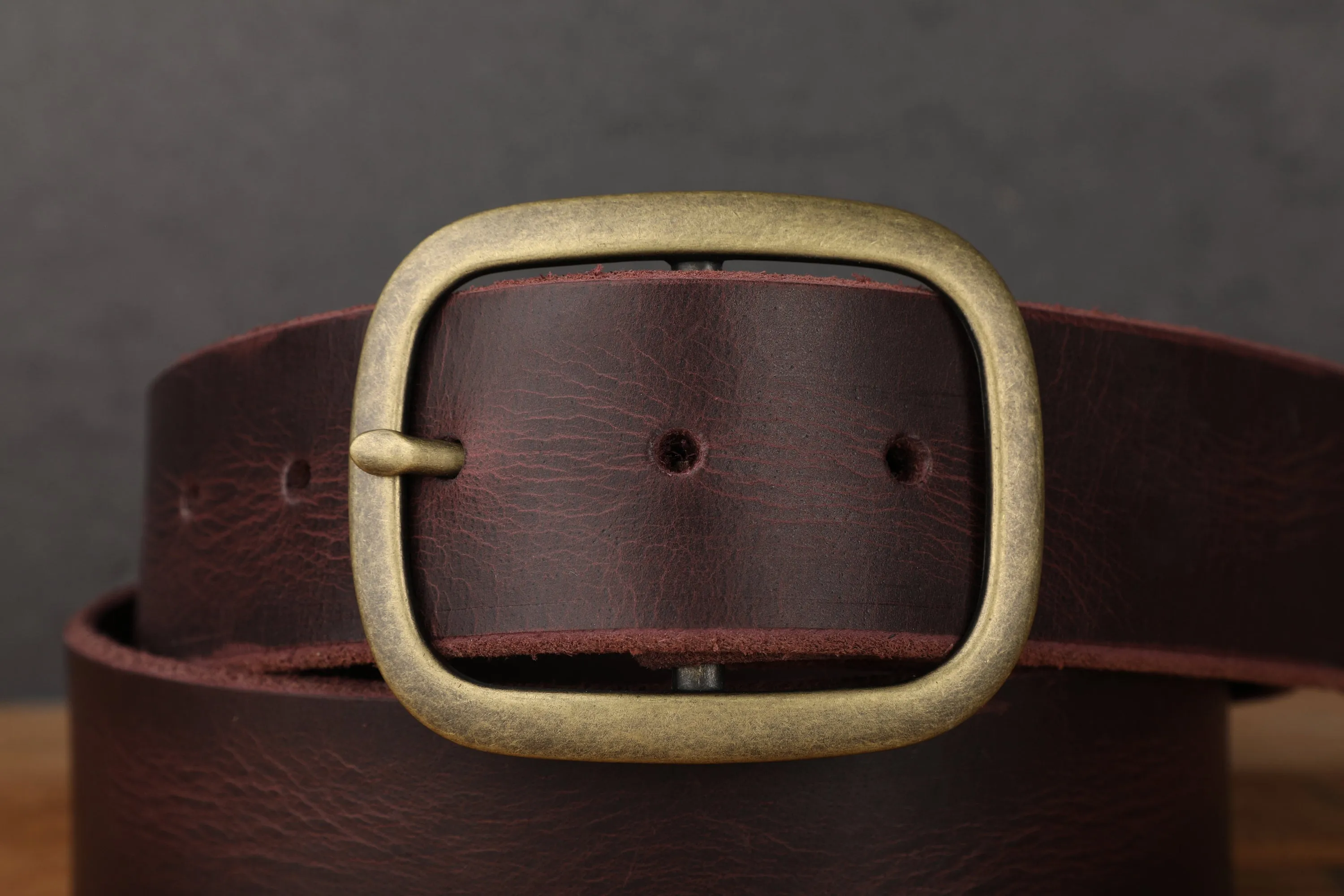 Oxblood Purple Maroon Burgundy Leather Belt with Antique Brass Buckle