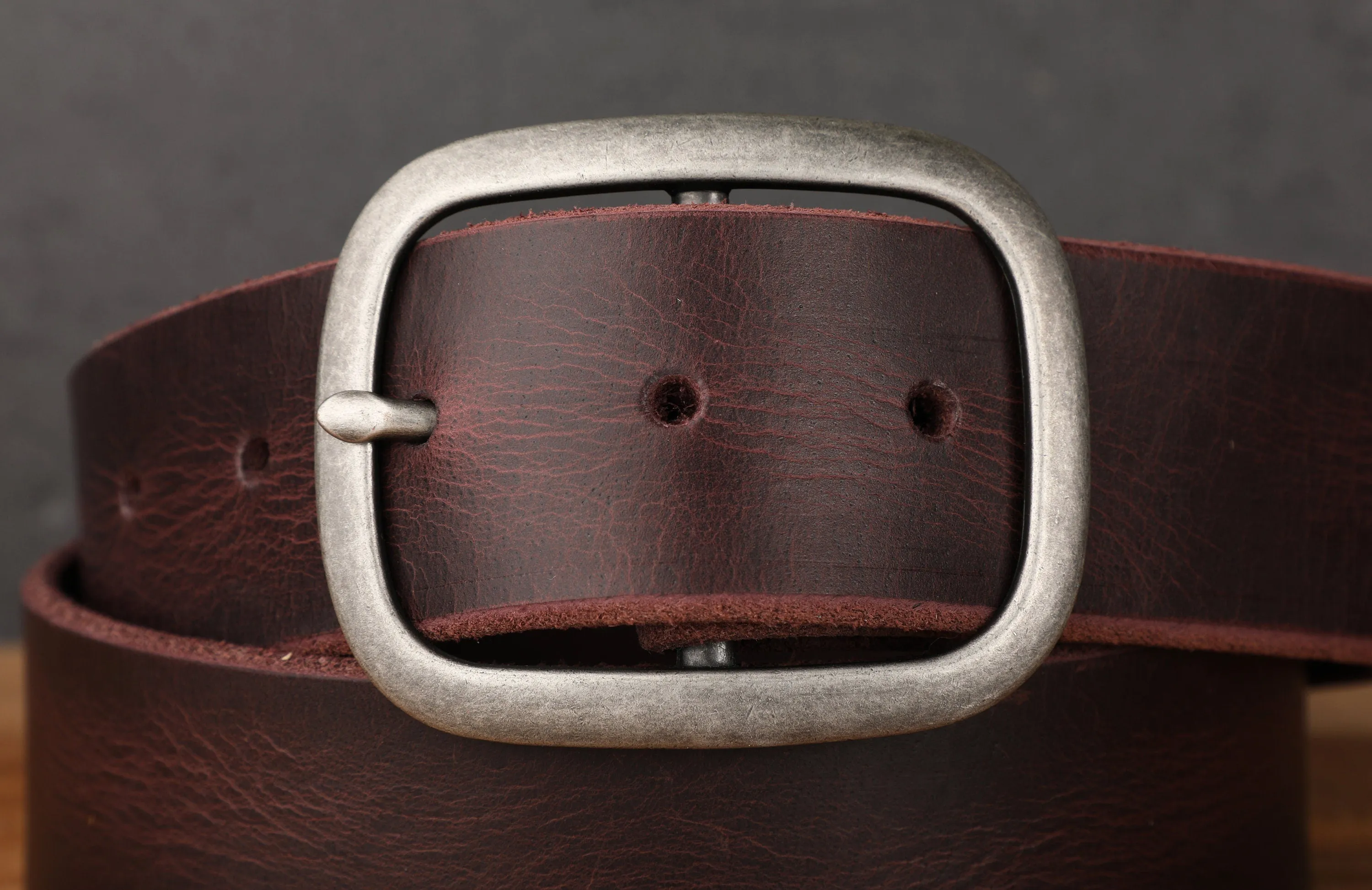 Oxblood Purple Maroon Full Grain Leather Belt with Antique Silver Buckle