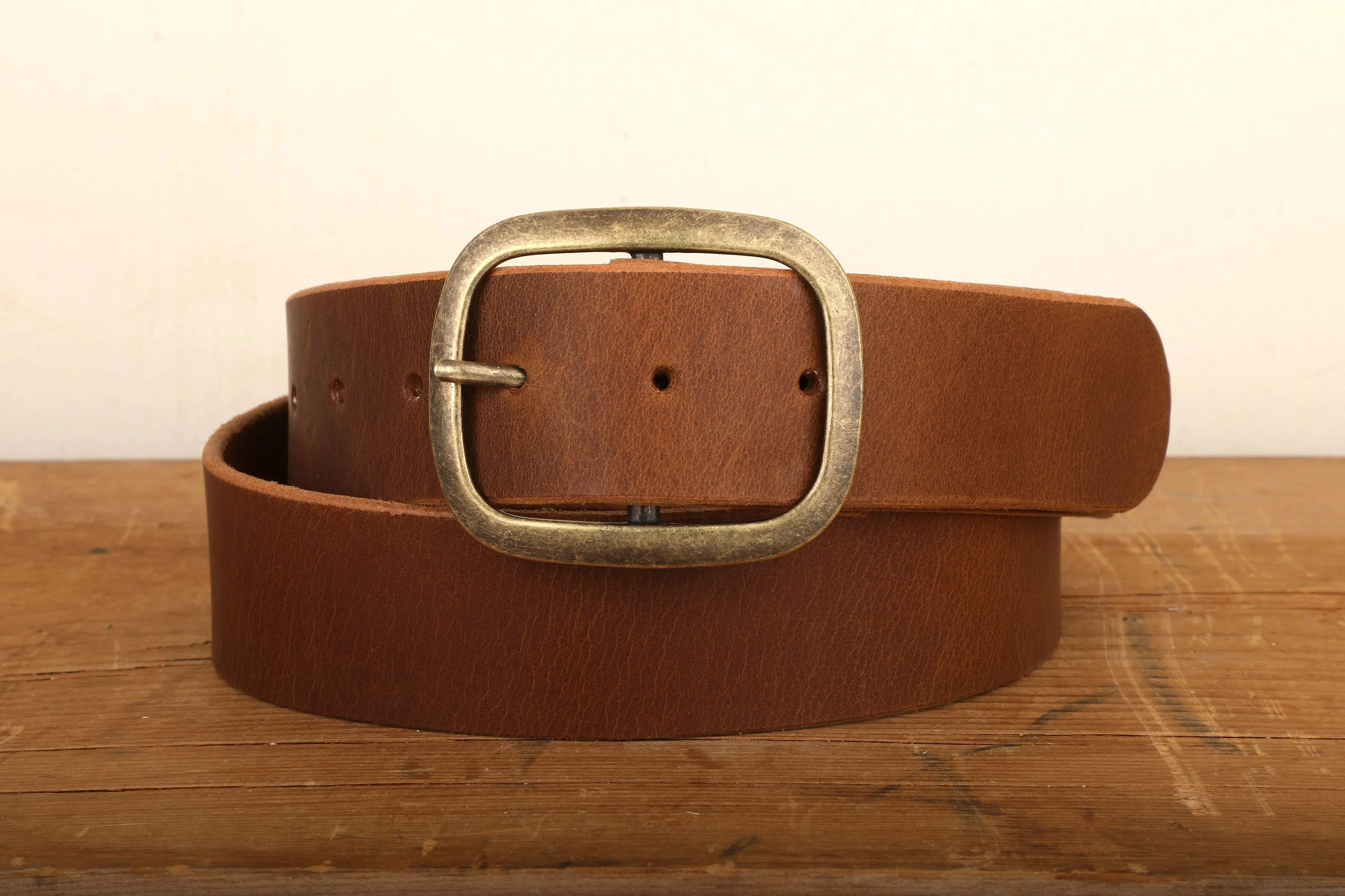 Peanut Dark Brown Leather Belt with Antique Brass Buckle