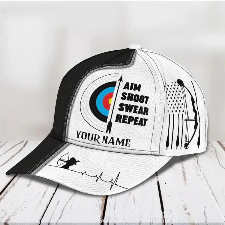 Personalized Aim Shoot Swear Repeat 3D Classic Cap for Archer, Funny Archery hat for Man