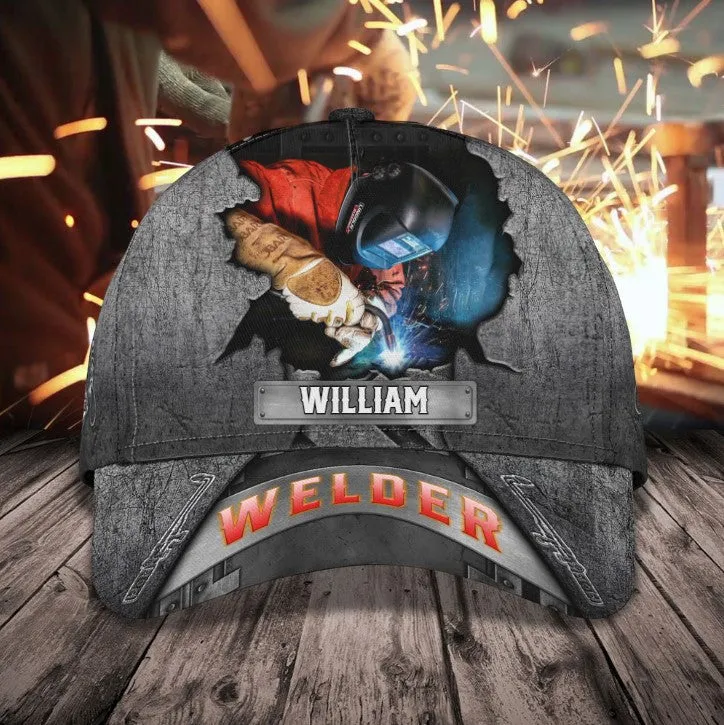 Personalized Welder 3D Baseball Cap for Dad, American Flag Welder Hat for Him