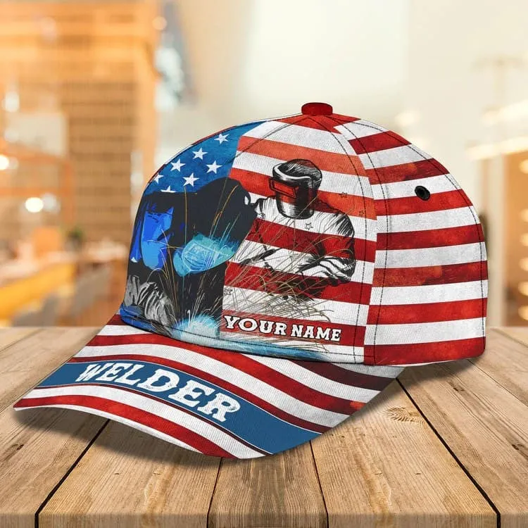 Personalized Welder 3D Baseball Cap for Dad, American Flag Welder Hat for Him