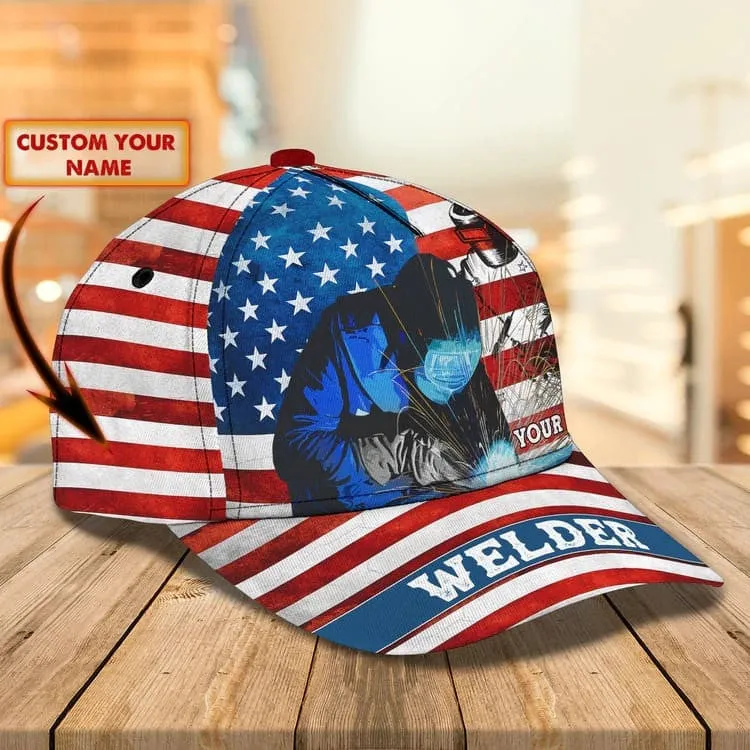 Personalized Welder 3D Baseball Cap for Dad, American Flag Welder Hat for Him