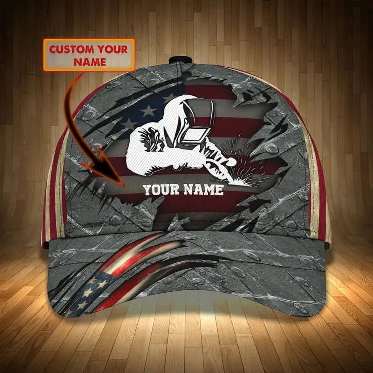 Personalized Welder 3D Baseball Cap for Dad, American Flag Welder Hat for Him