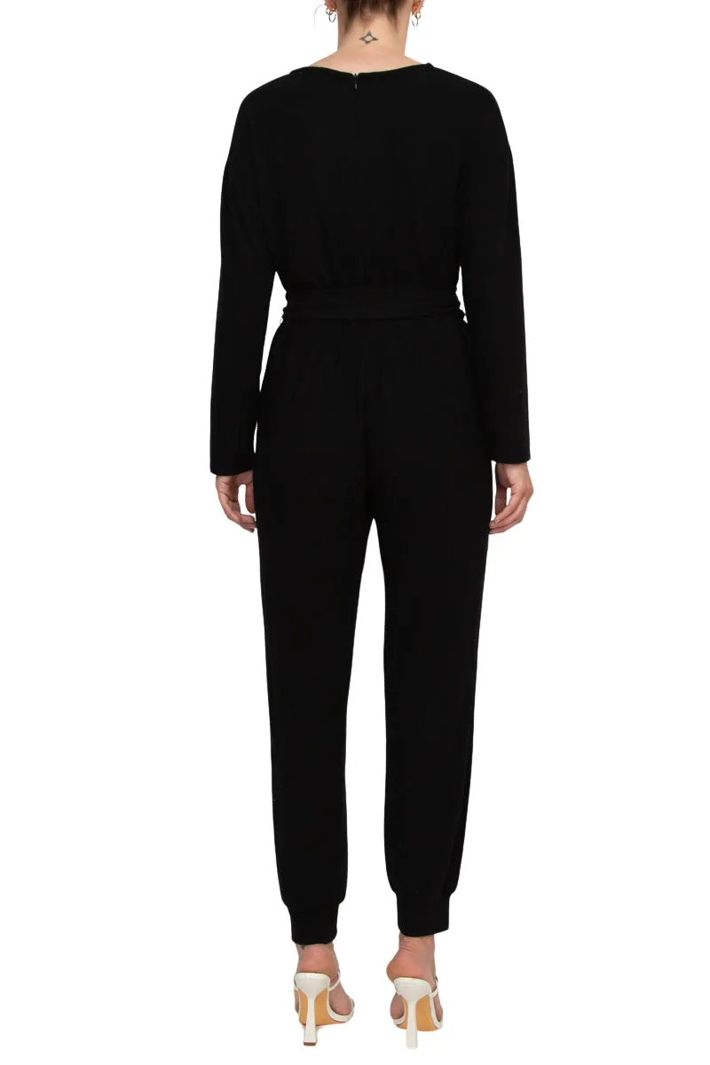 Philosophy Crew Neck Dolman Long Sleeve Tie Waist Elastic Hem Pockets Jersey Knit Jumpsuit