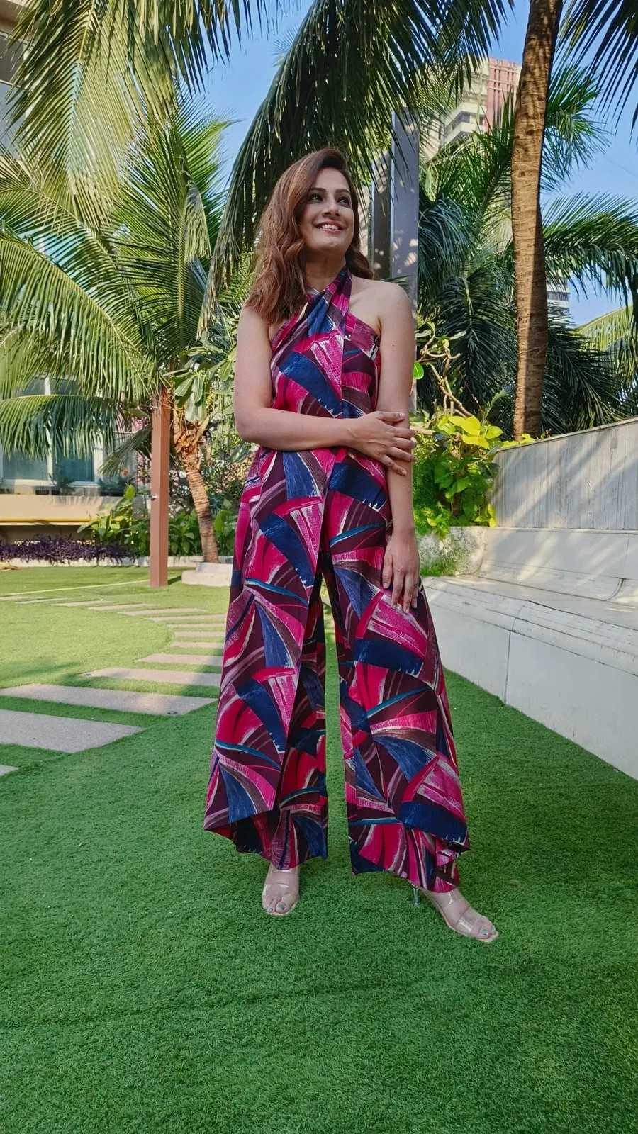 Pink Abstract Sarong Jumpsuit