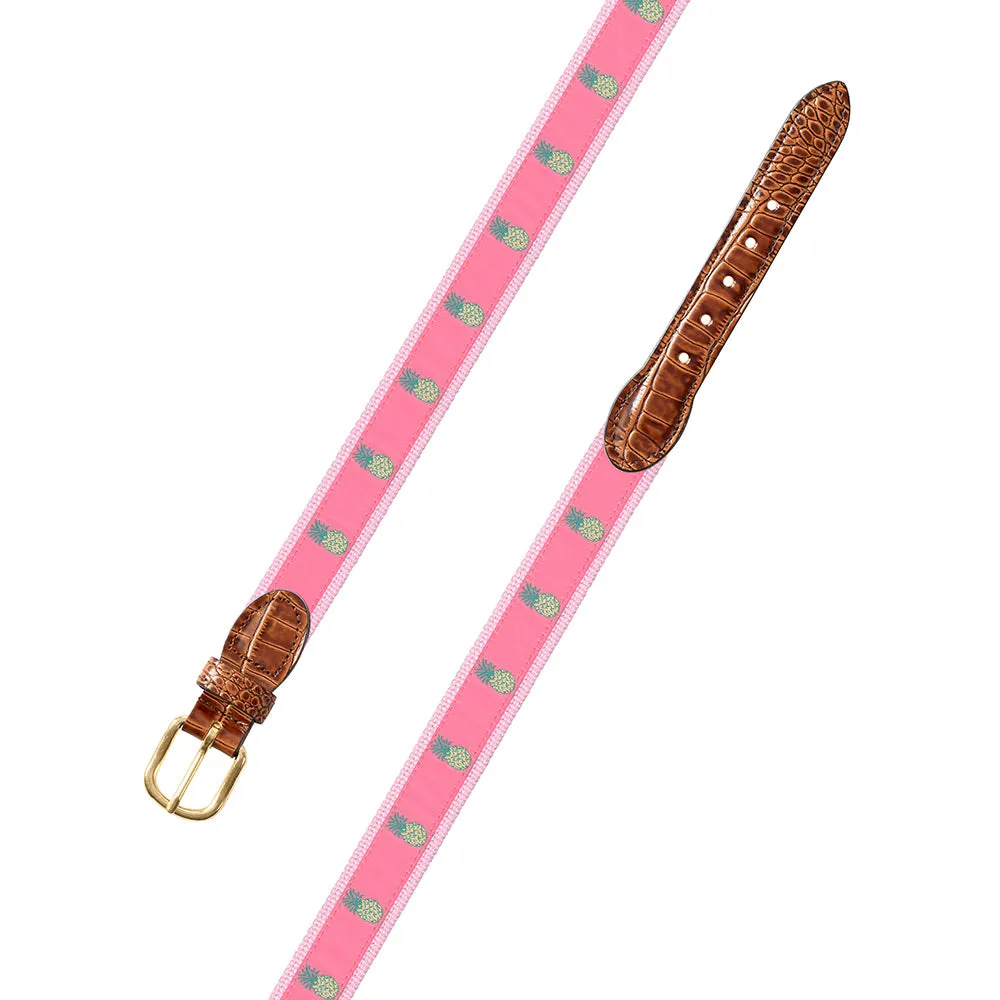 Pink Pineapple Motif Leather Tab Belt