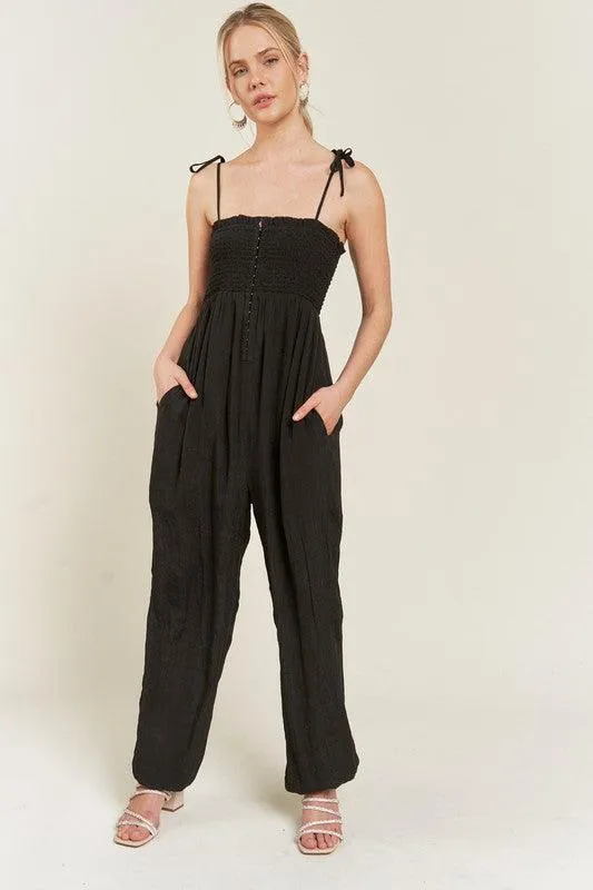 Plus Size Shoulder Tie Smocked Jumpsuit