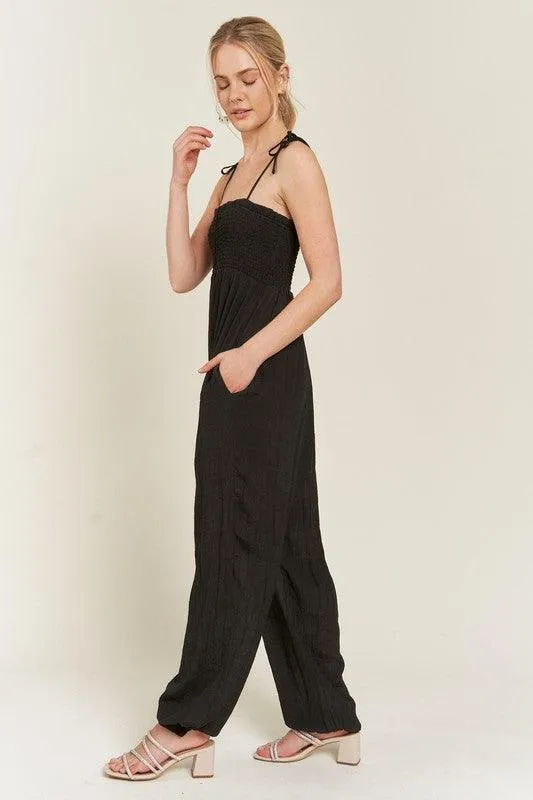 Plus Size Shoulder Tie Smocked Jumpsuit