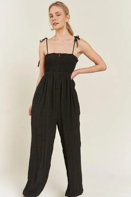 Plus Size Shoulder Tie Smocked Jumpsuit