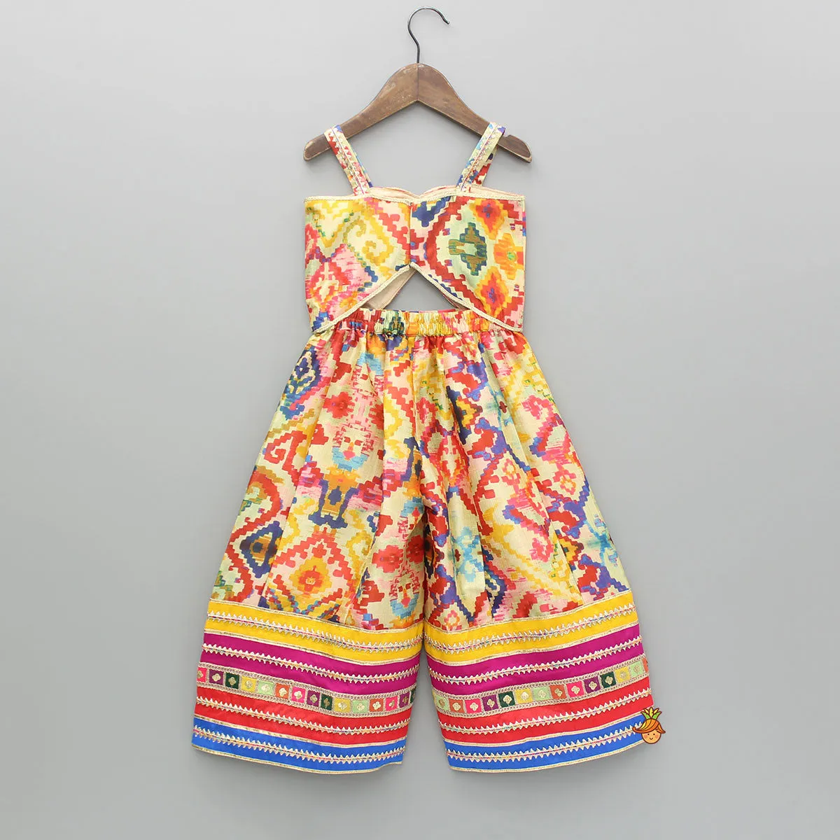 Pre Order: Printed Embroidered Multicoloured Strappy Jumpsuit With Hairband