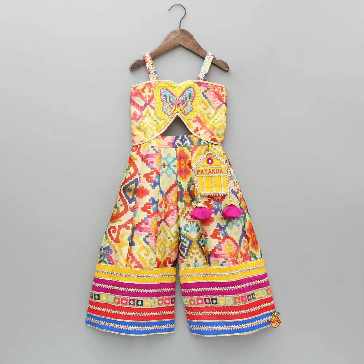 Pre Order: Printed Embroidered Multicoloured Strappy Jumpsuit With Hairband