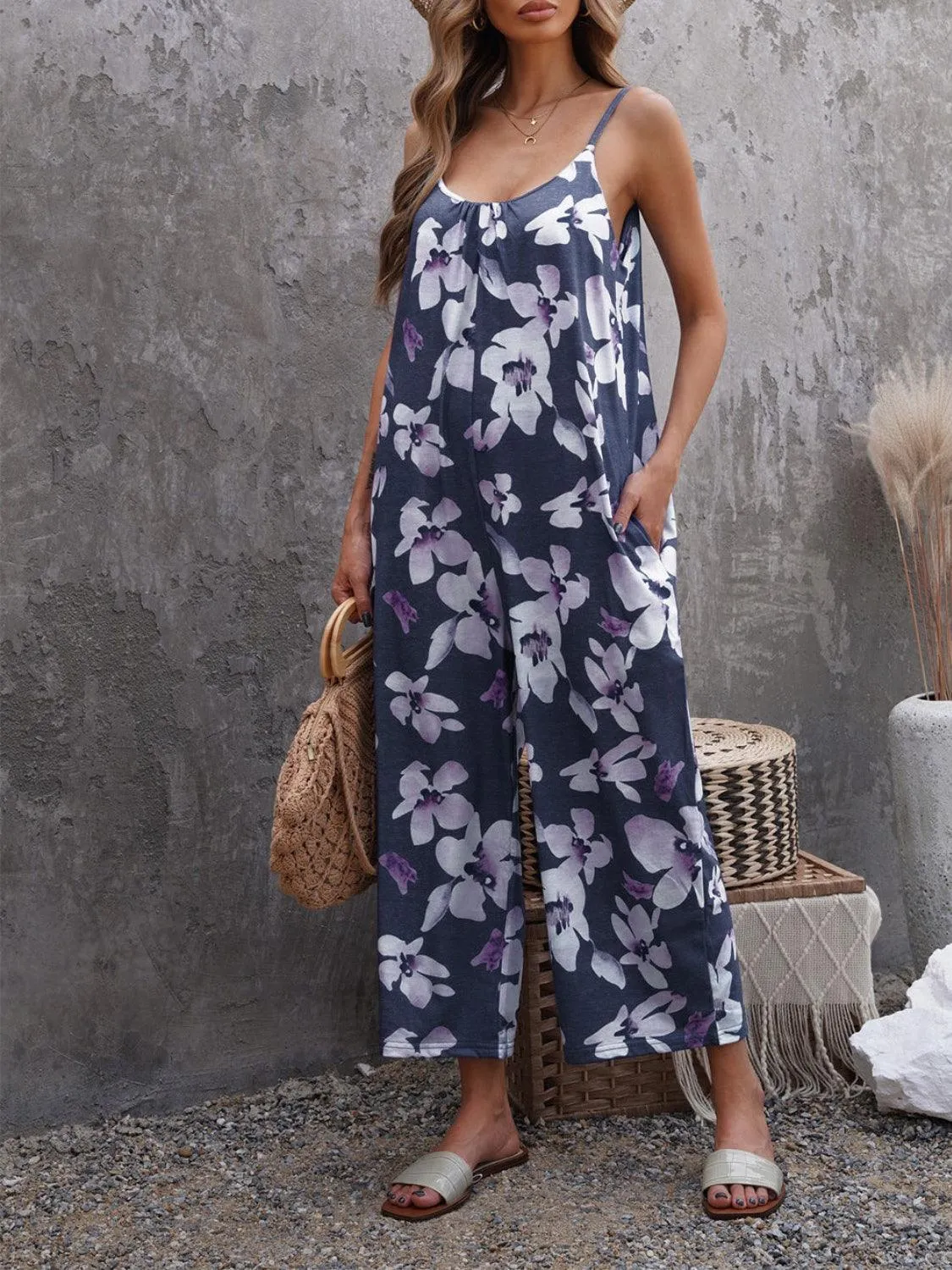 Printed Spaghetti Strap Jumpsuit with Pockets