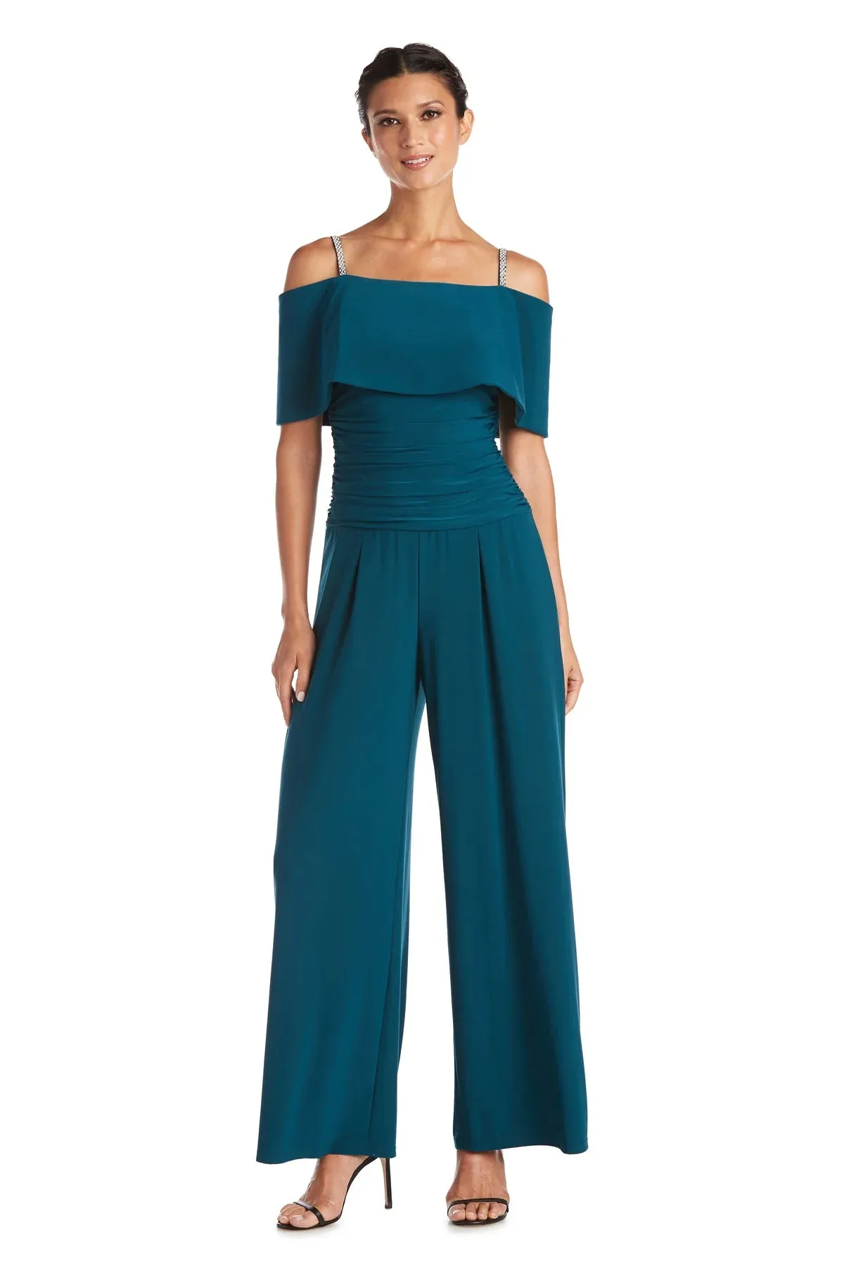 R&M Richard's Petite Women's Cold Shoulder Ruched Waist Jumpsuit - Wedding Guest Outfit Petite