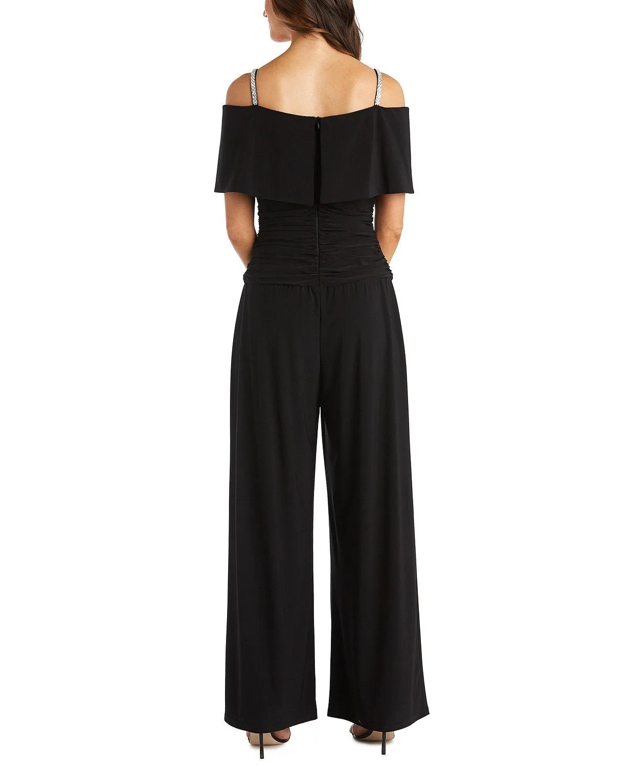 R&M Richard's Petite Women's Cold Shoulder Ruched Waist Jumpsuit - Wedding Guest Outfit Petite