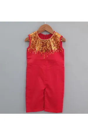 Red Sequins Embroidered Sleeveless Jumpsuit