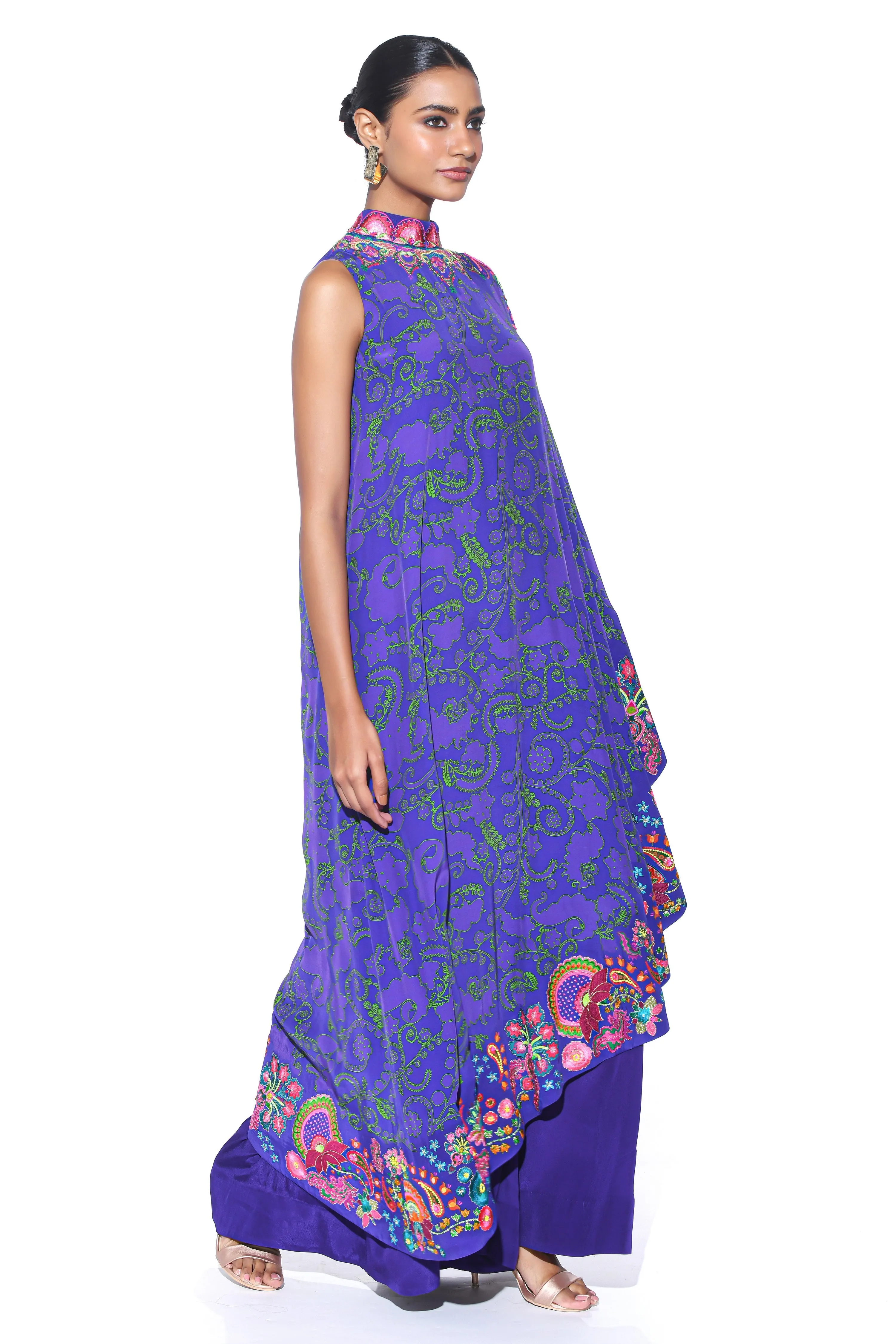 Royal Purple Embroidered One Shoulder Dress And Jumpsuit