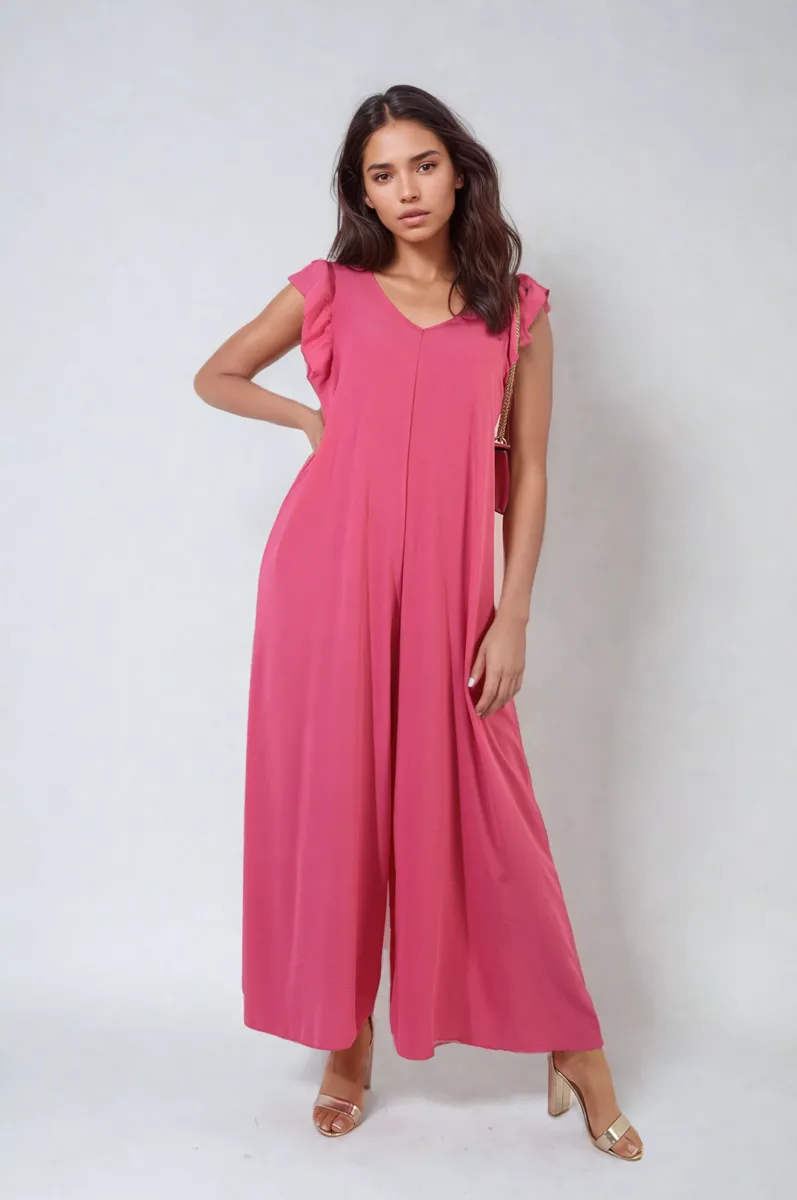 Ruffle Sleeve V-Neck Loose Waist Wide Leg Jumpsuit