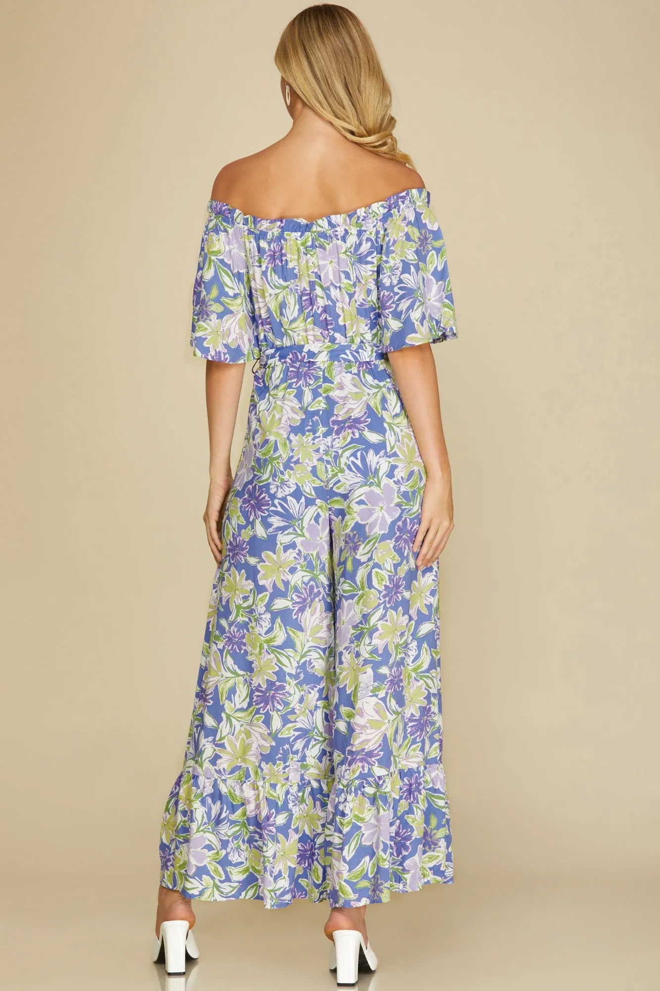 Ruffled Off Shoulder Flowy Jumpsuit - Violet Blue