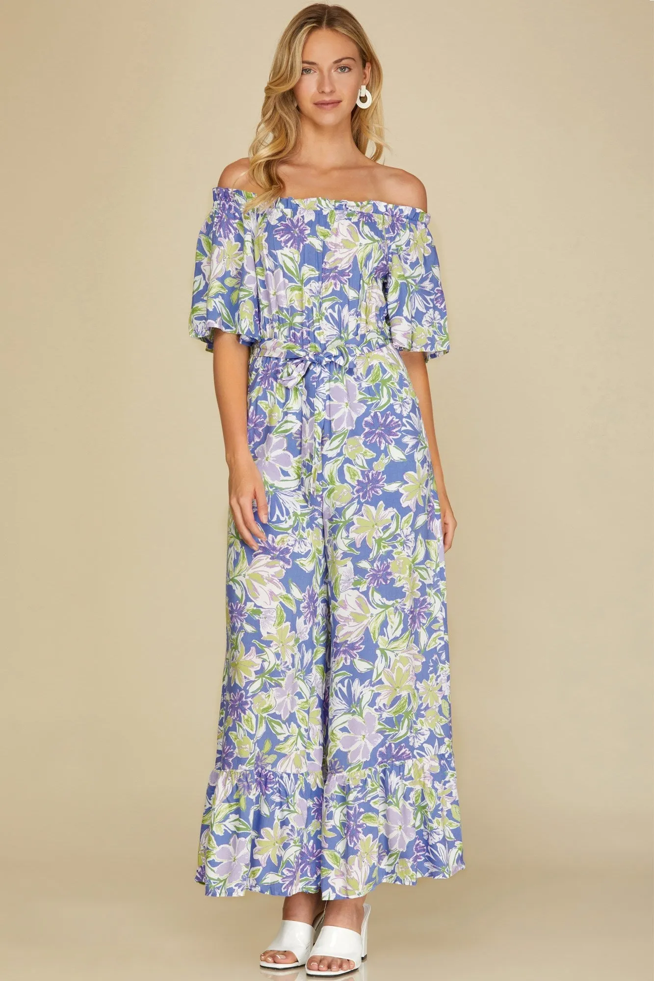 Ruffled Off Shoulder Flowy Jumpsuit - Violet Blue