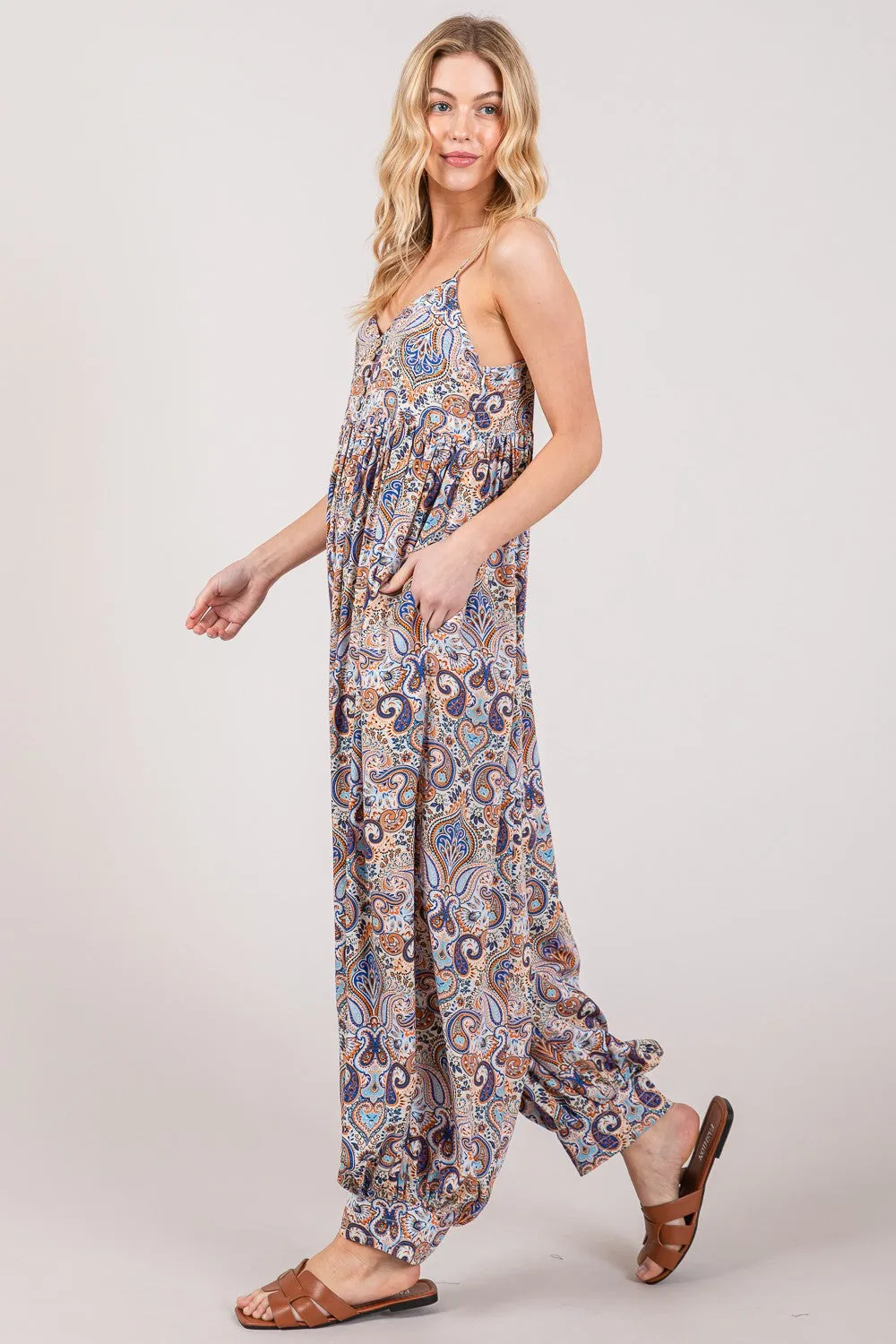 SAGE   FIG Full Size Multi Paisley Print Sleeveless Jumpsuit