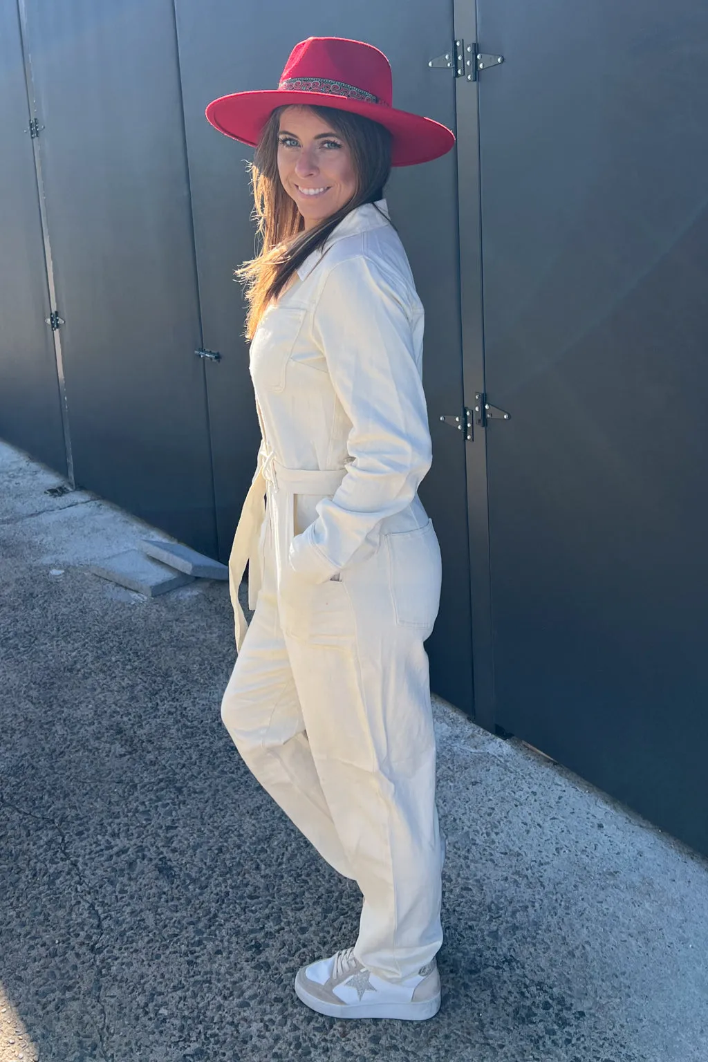 SALE-Long Sleeve Cotton Twill Jumpsuit-Vanilla