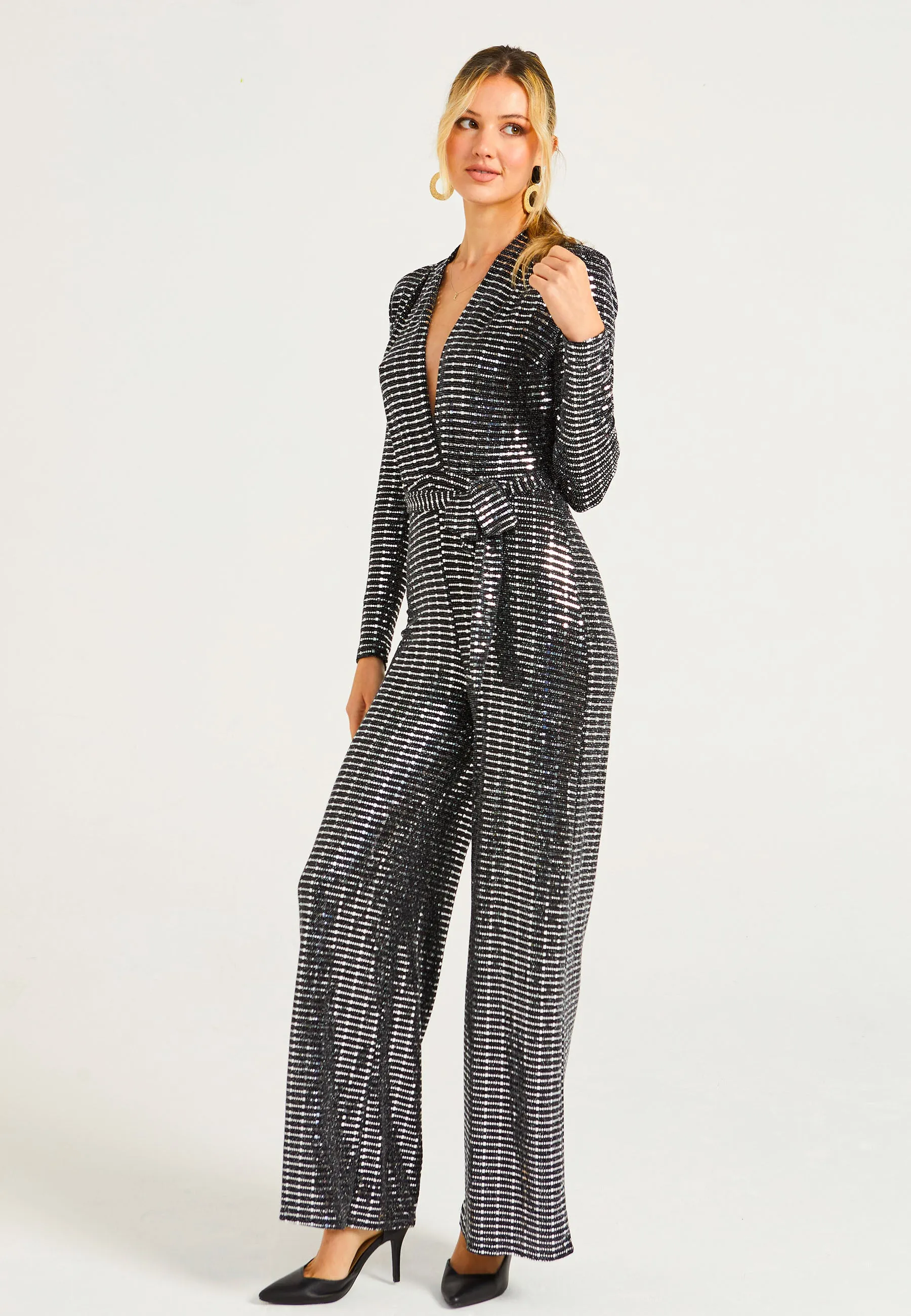 Sequin Plunge Neck Faux Wrap Jumpsuit in Silver